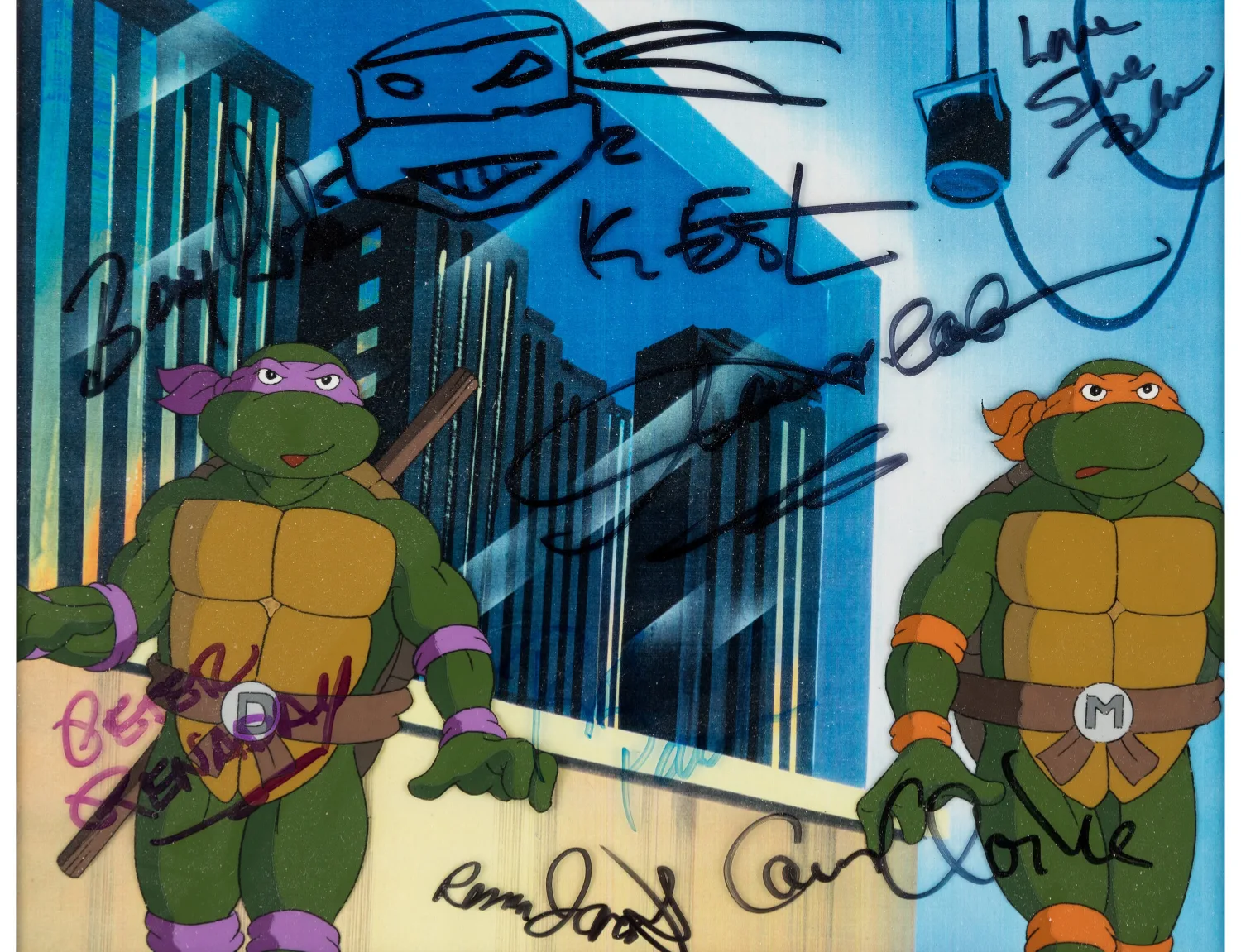Donatello and Michelangelo Production Cel Signed by Multiple Voice Actors