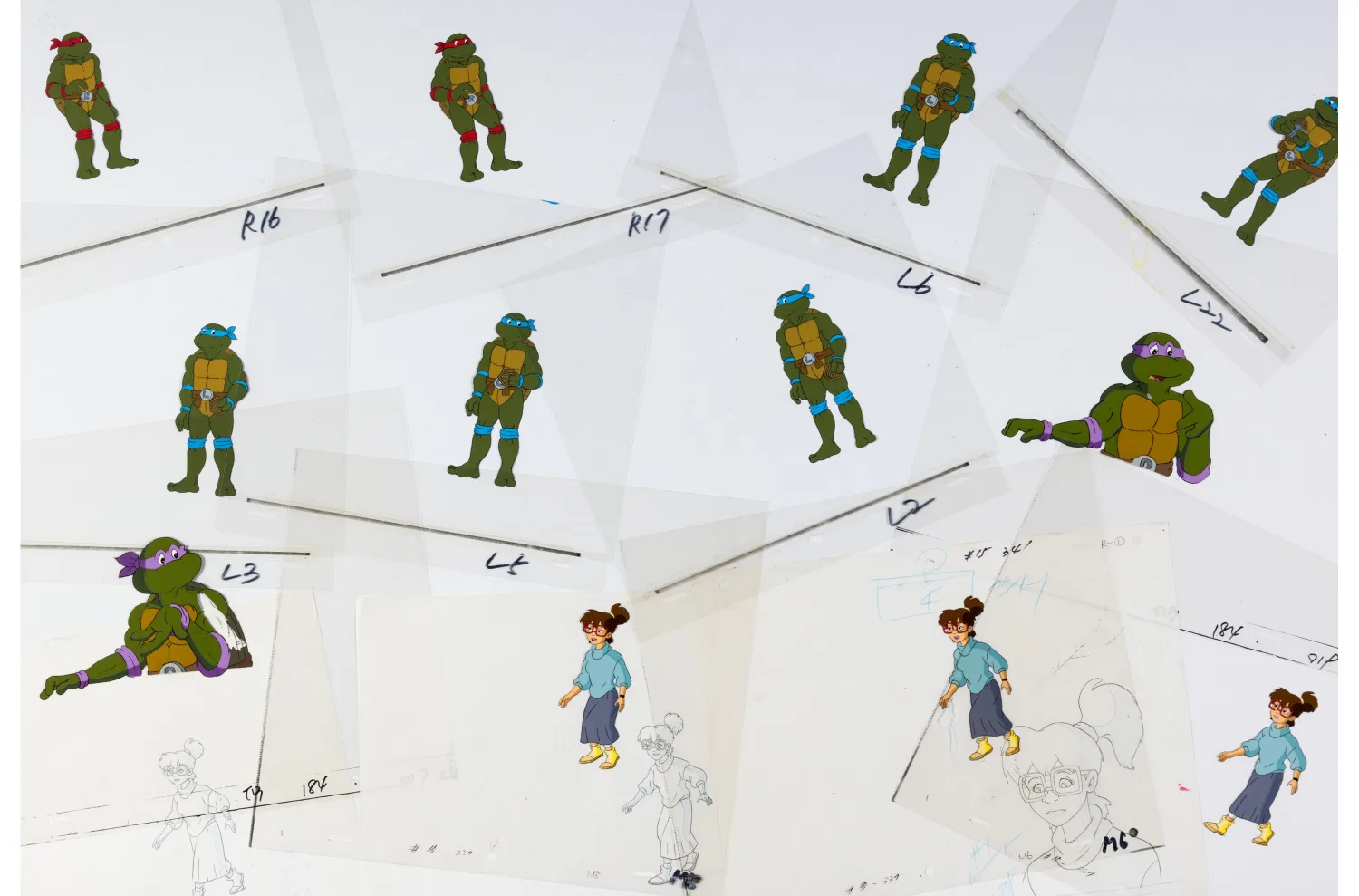 Leonardo, Donatello, and Raphael with 9 Other Characters Production Cel and Animation Drawing Group of 60
