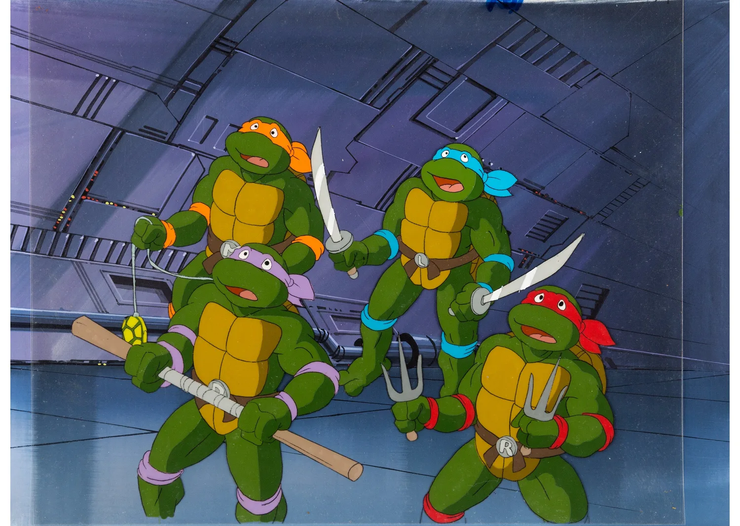 Leonardo, Donatello, Raphael and Michelangelo Production Cel Setup with Master Background