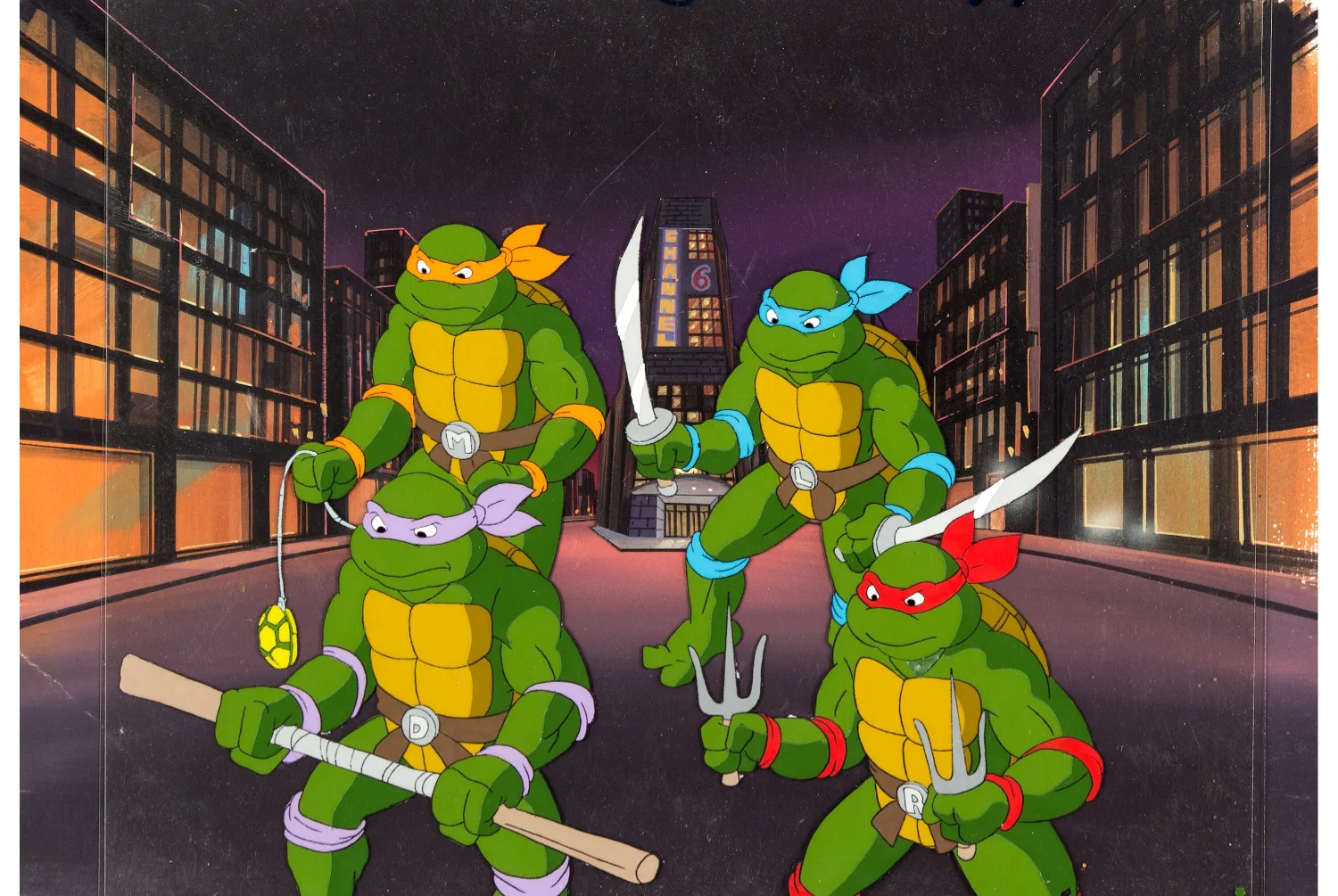 Leonardo, Donatello, Raphael and Michelangelo Production Cel Setup with Production Background