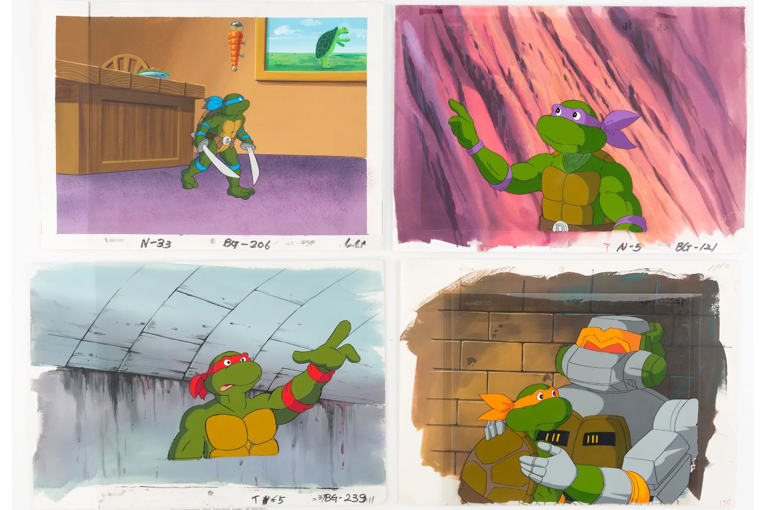 Leonardo, Donatello, Raphael, Michelangelo and Metalhead Production Cel with Master Background Group of 4