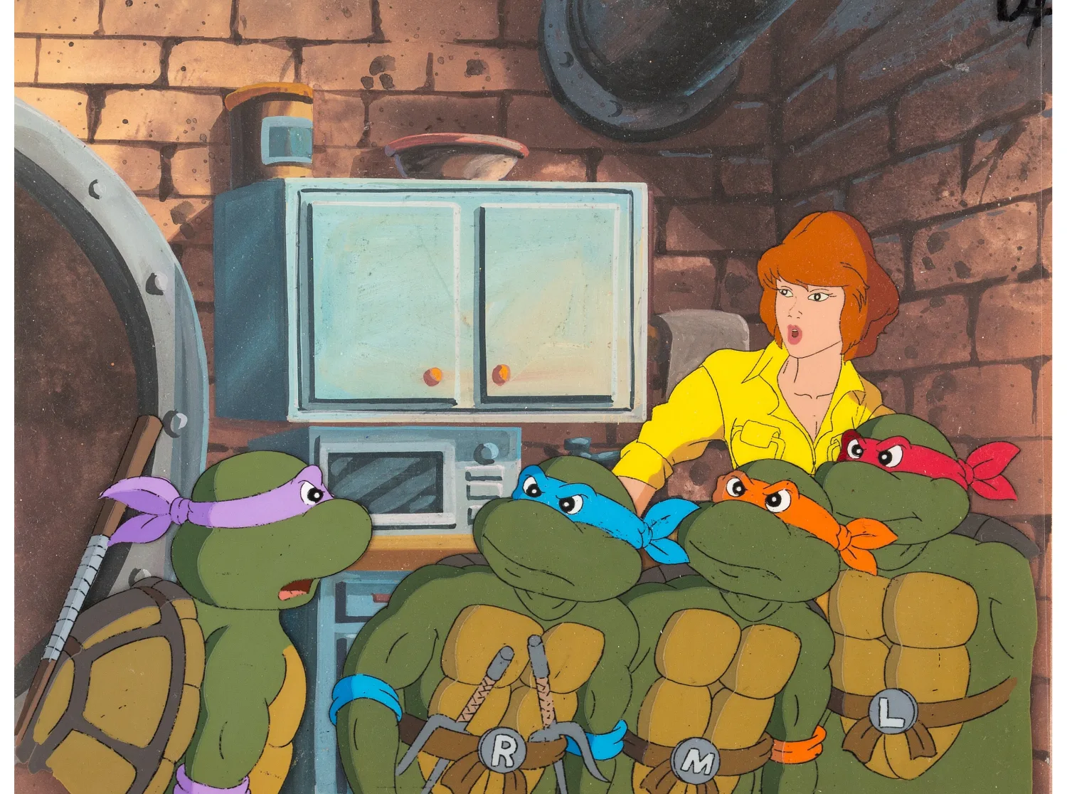 Leonardo, Donatello, Raphael, Michelangelo and April Production Cel Setup with Master Background