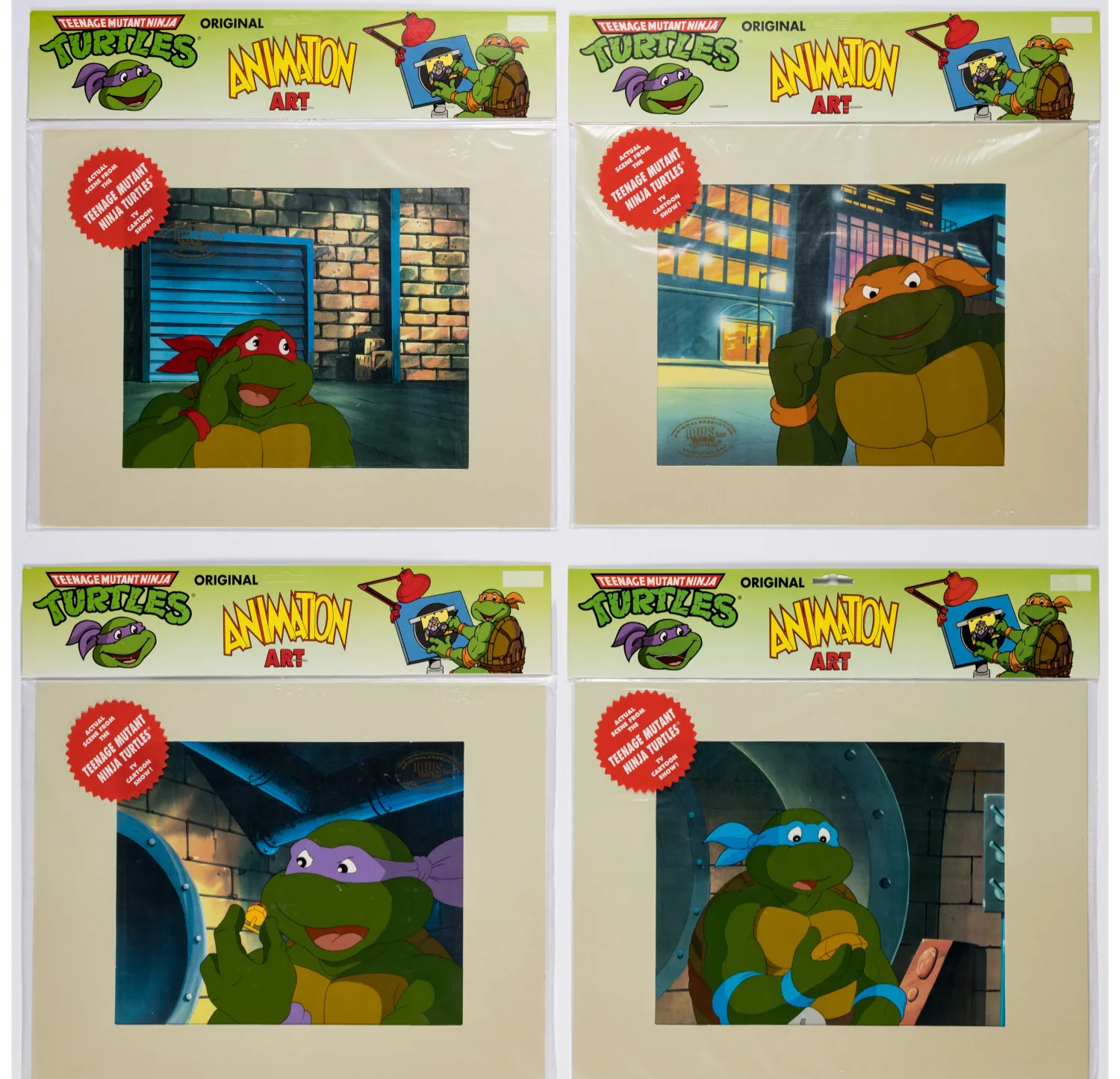 Leonardo, Donatello, Raphael, Michelangelo, and Rocksteady Packaged Production Cels Group of 5