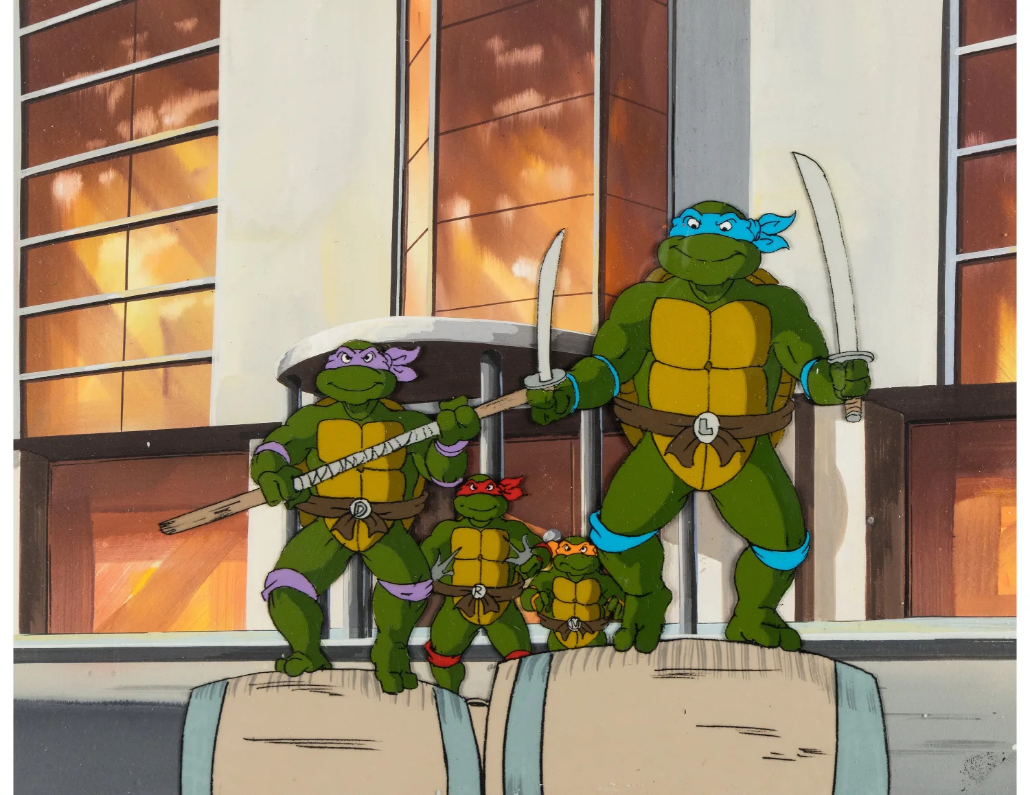 Leonardo, Michelangelo, Donatello, and Raphael Production Cel Setup with "Case of the Killer Pizzas" Master Background