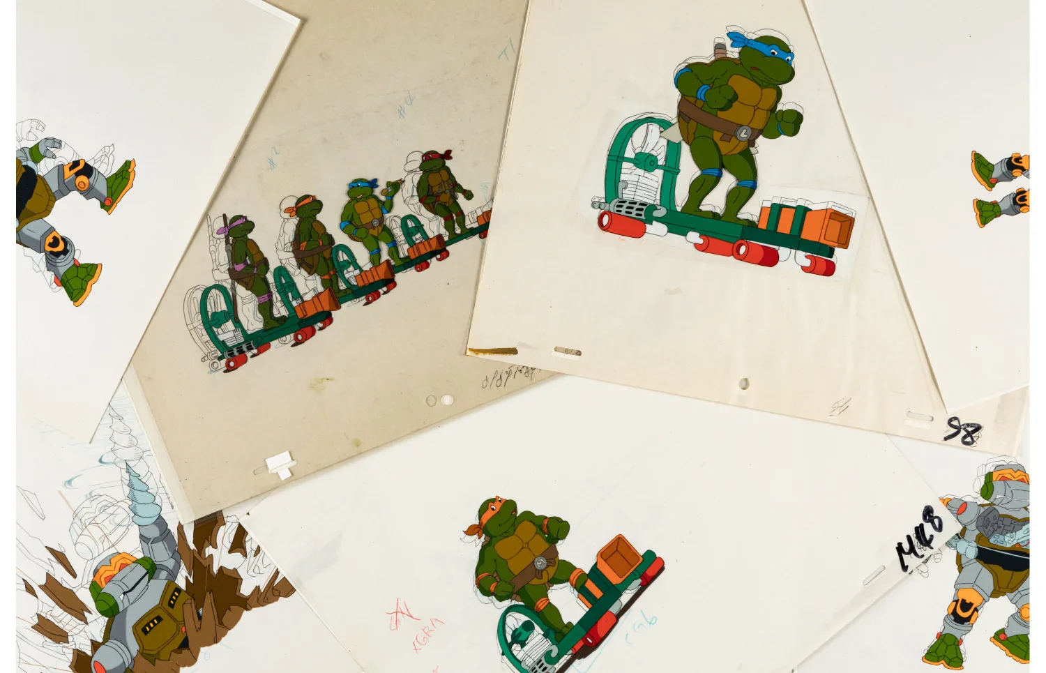 Leonardo, Michelangelo, Donatello, and Raphael with 19 Other Characters and Vehicles Production Cel and Animation Drawing Group of 56