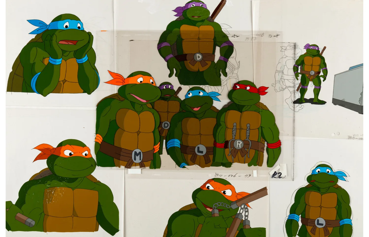 Leonardo, Michelangelo, Donatello, and Raphael with 11 Other Characters Production Cel and Animation Drawing Group of 87