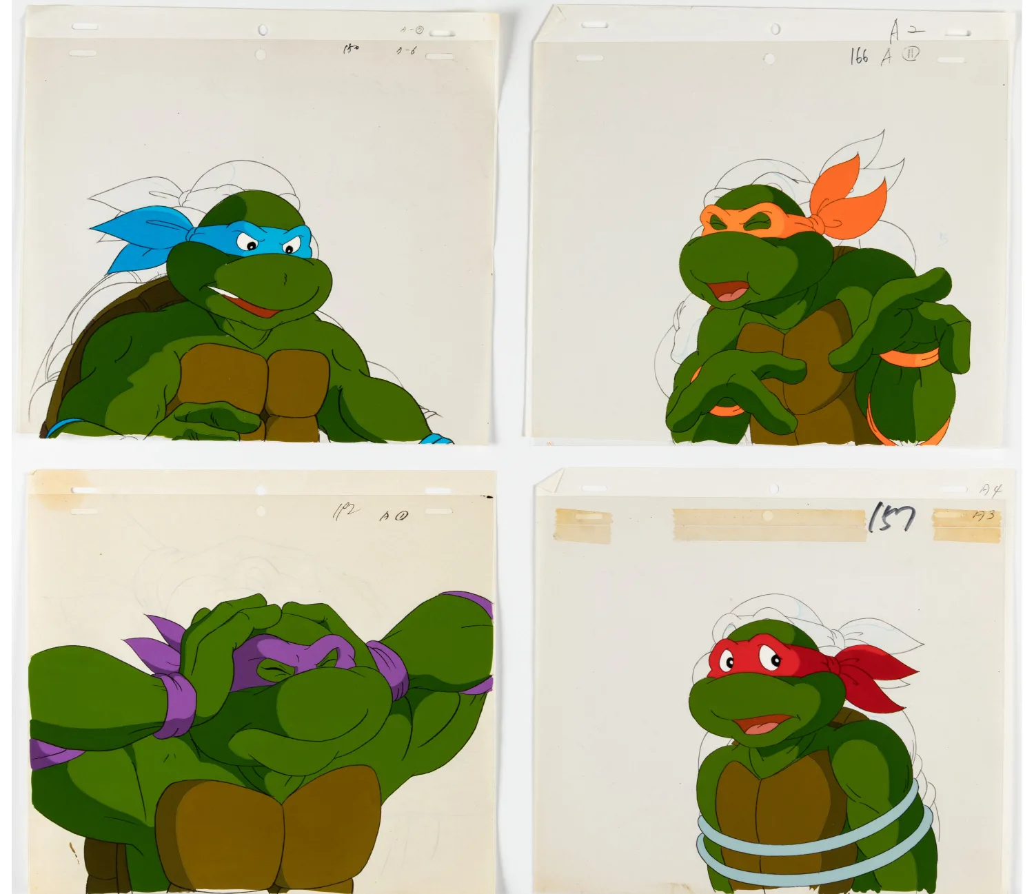 Leonardo, Michelangelo, Donatello, and Raphael with 5 Other Characers Production Cel and Animation Drawing Group of 31