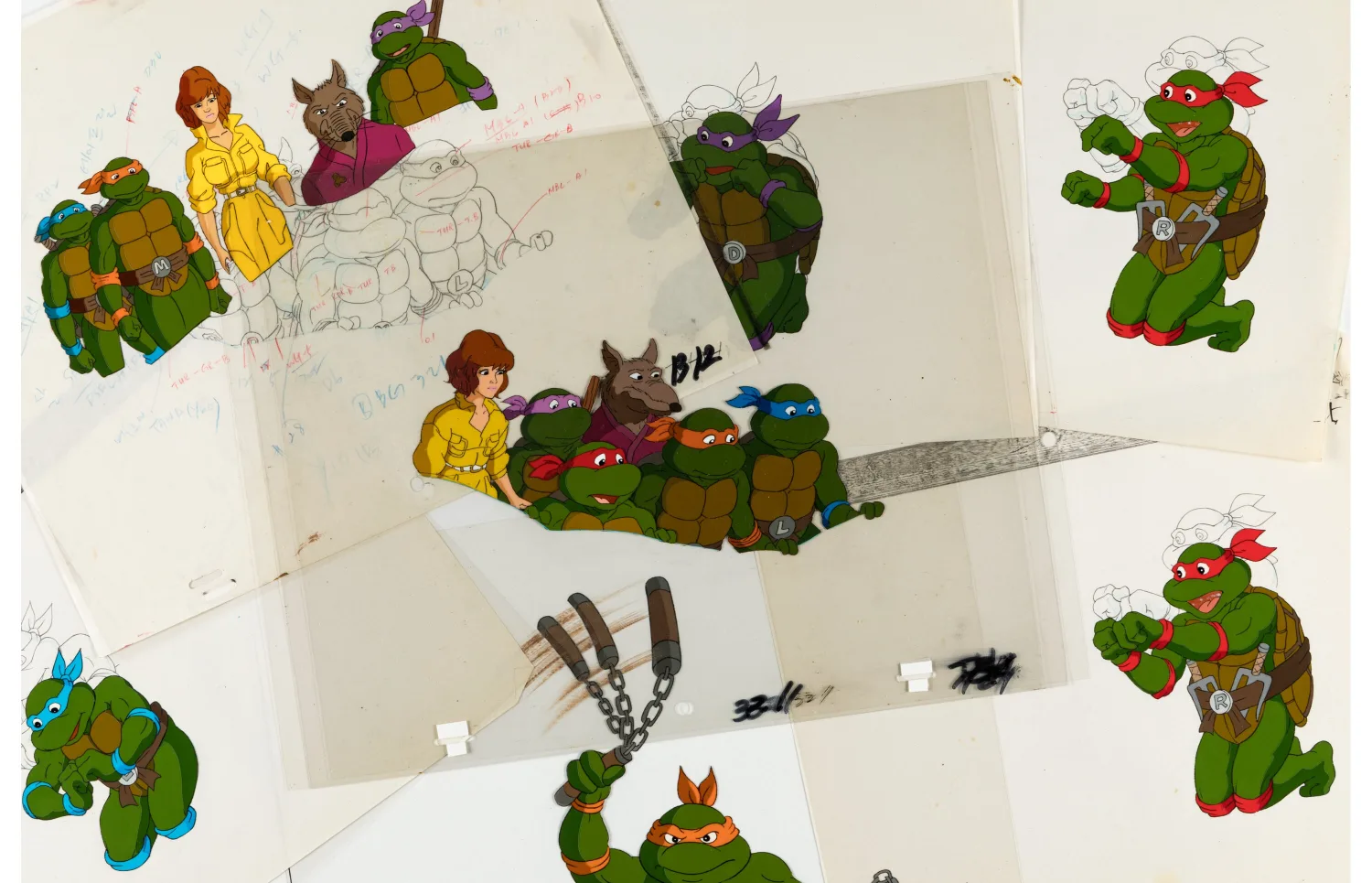 Leonardo, Michelangelo, Donatello, and Raphael with 6 Other Characters Production Cel and Animation Drawing Group of 58