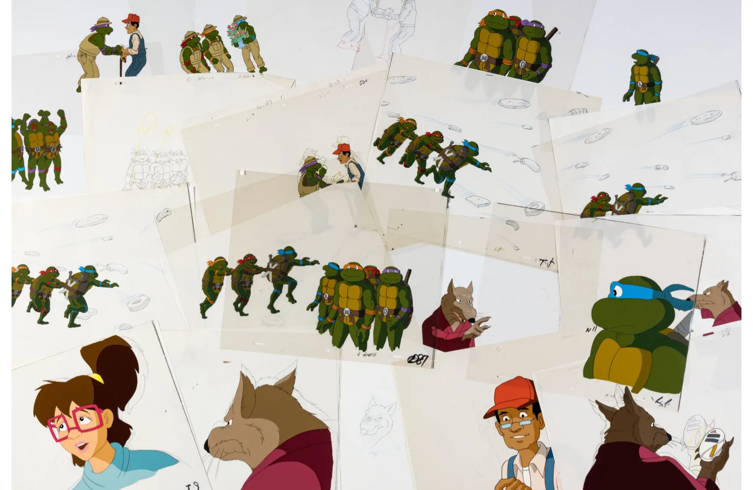 Leonardo, Michelangelo, Donatello, and Raphael with 8 Other Characters Production Cel and Animation Drawing Group of 103