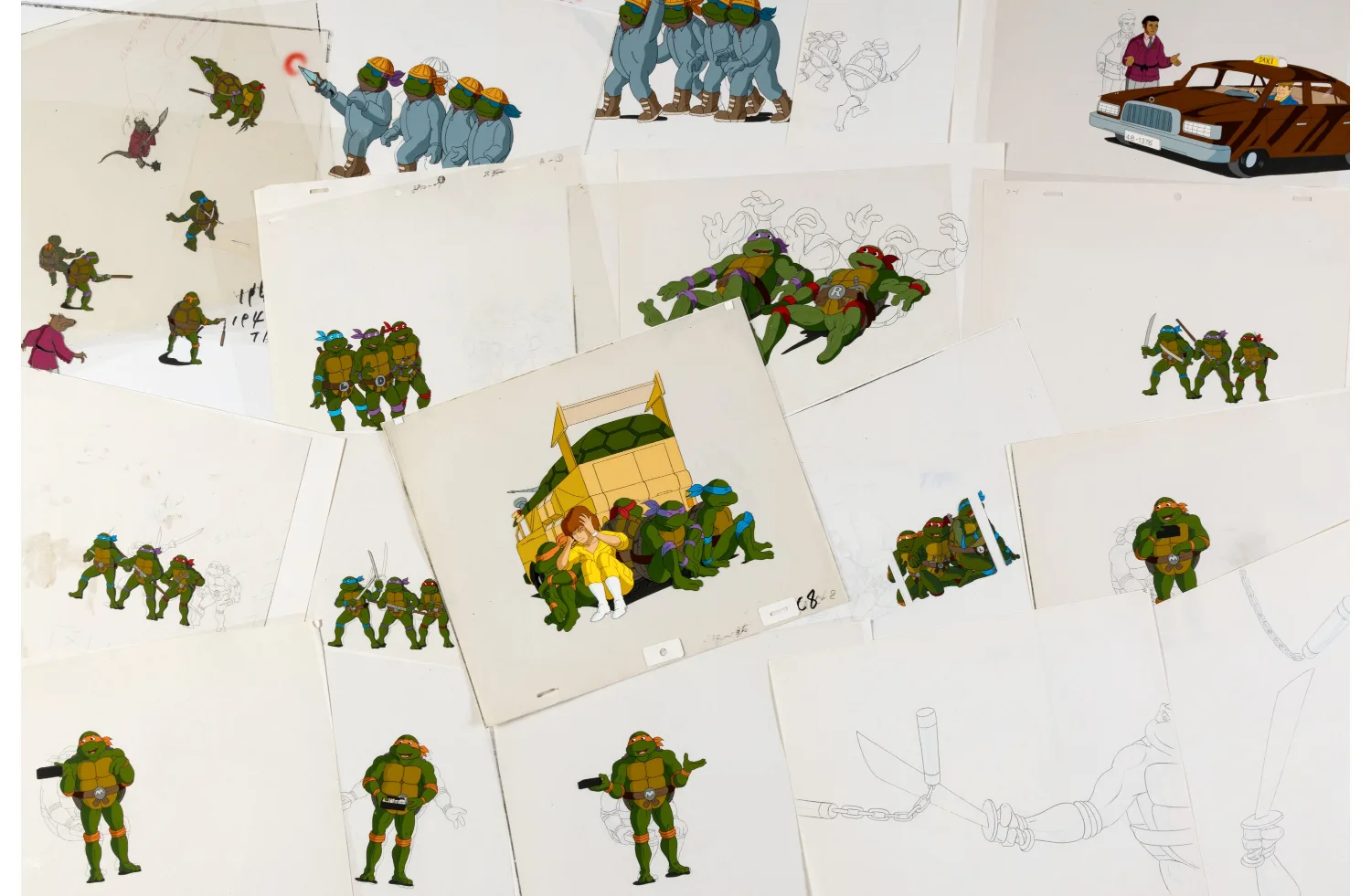 Leonardo, Michelangelo, Donatello, and Raphael with 16 Other Characters Production Cel and Animation Drawing Group of 183