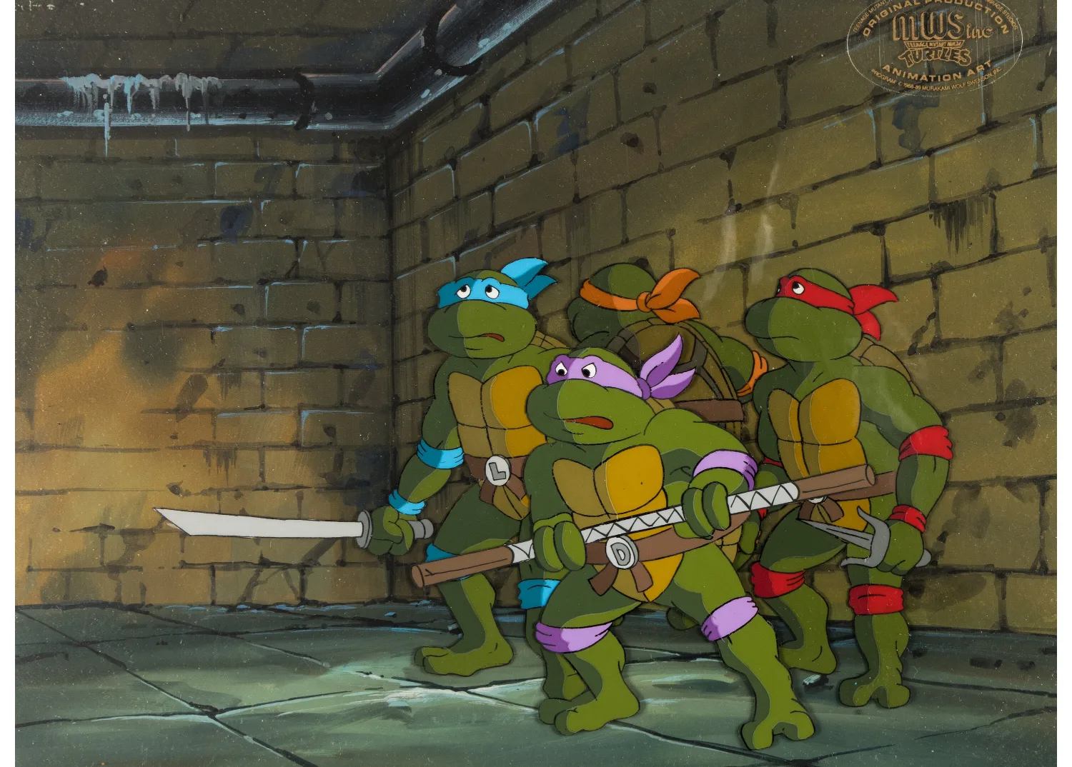 Leonardo, Michelangelo, Donatello, and Raphael Production Cel Setup with "It Came From Beneath the Sewers" Master Background