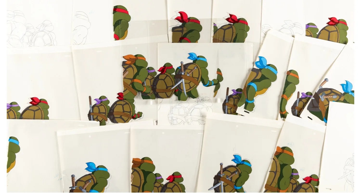 Leonardo, Michelangelo, Donatello, Raphael, and Master Splinter Production Cel and Animation Drawing Group of 162