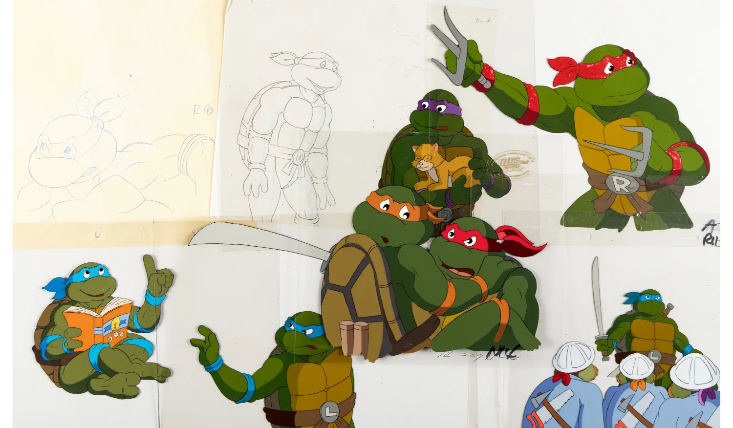 Leonardo, Michelangelo, Donatello, Raphael, Master Splinter, Zach, and Fireman Production Cel and Animation Drawing Group of 27