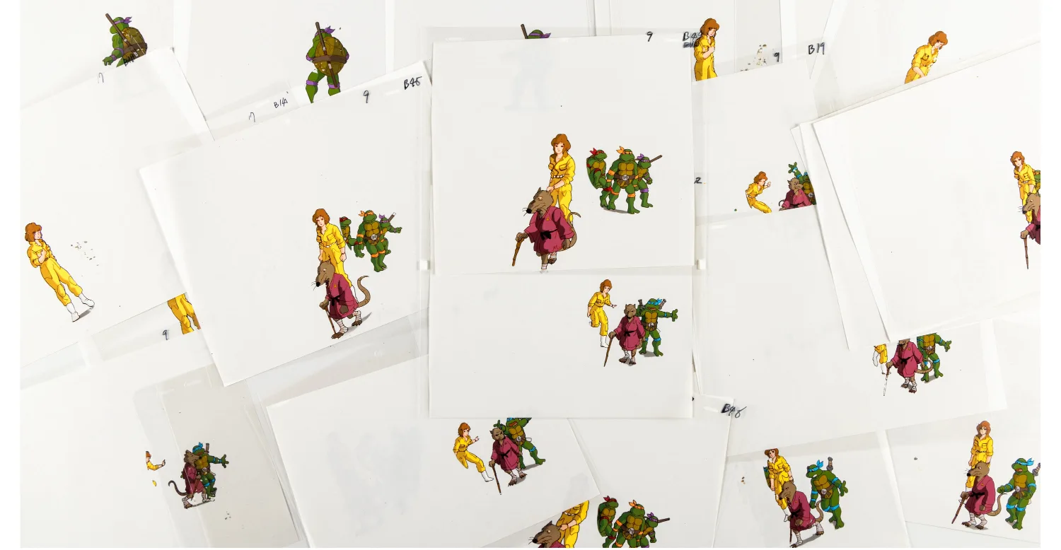 Leonardo, Michelangelo, Donatello, Raphael, Master Splinter, April O'Neil, Shredder, and Krang Production Cel and Animation Drawing Group of 121