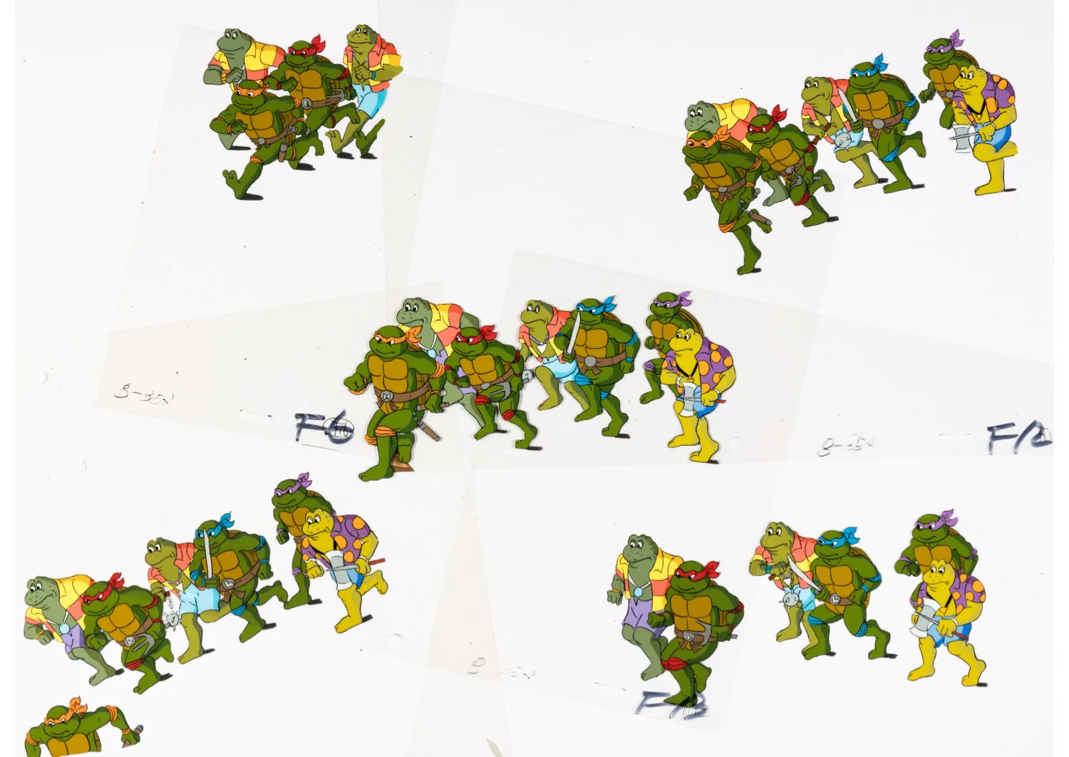 Leonardo, Michelangelo, Donatello, Raphael, the Punk Frogs, and April O'Neil Production Cel and Animation Drawing Group of 8