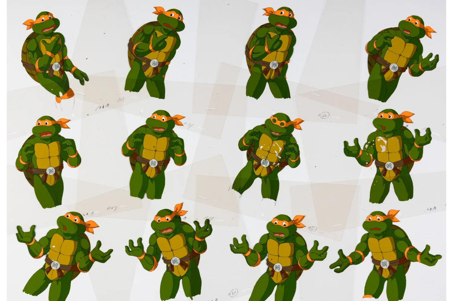 Leonardo, Michelangelo, Raphael, Donatello, April O'Neil, and Alien Turtle Fitz Production Cel and Animation Drawing Group of 36