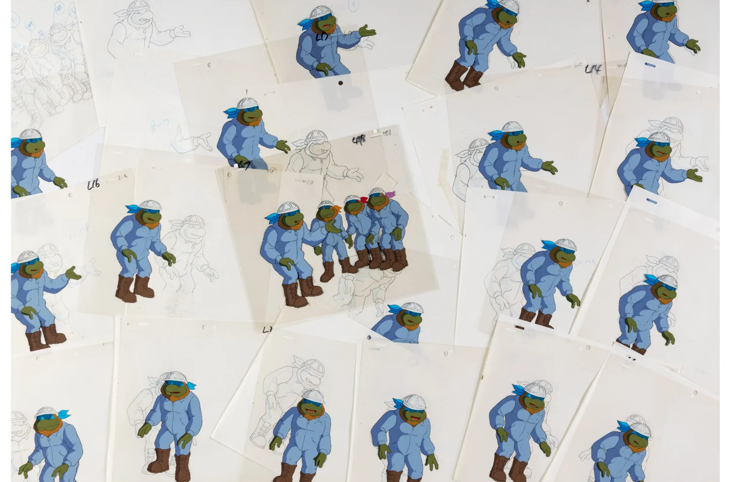 Leonardo, Michelangelo, Raphael, Donatello, Master Splinter, and Shredder Production Cel and Animation Drawing Group of 101