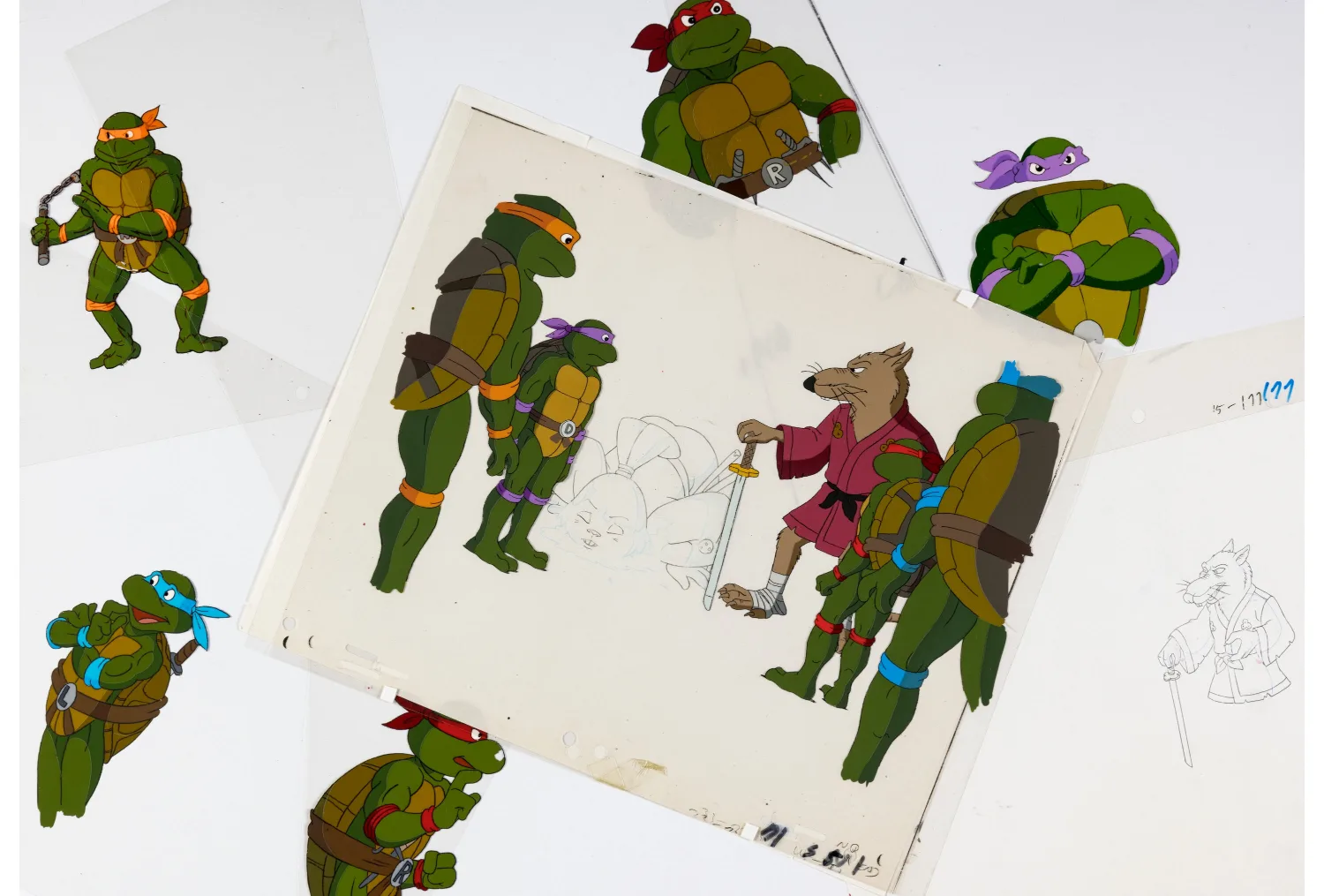 Leonardo, Michelangelo, Raphael, Donatello, Master Splinter, Usagi Yojimbo, Shredder, Bebop, and Rocksteady Production Production Cel and Animation Drawing Group of 52