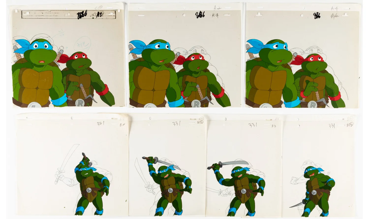 Leonardo, Raphael, April O'Neil, Vernon Fenwick, Shredder, and Krang Production Cel and Animation Drawing Sequences Group of 108