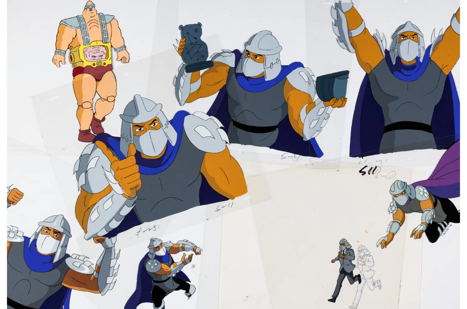 Shredder, Krang, Foot Soldiers, Rocksteady, Baxter Stockman, Leatherhead, and Napoleon Bonafrog Production Cel and Animation Drawing Group of 52