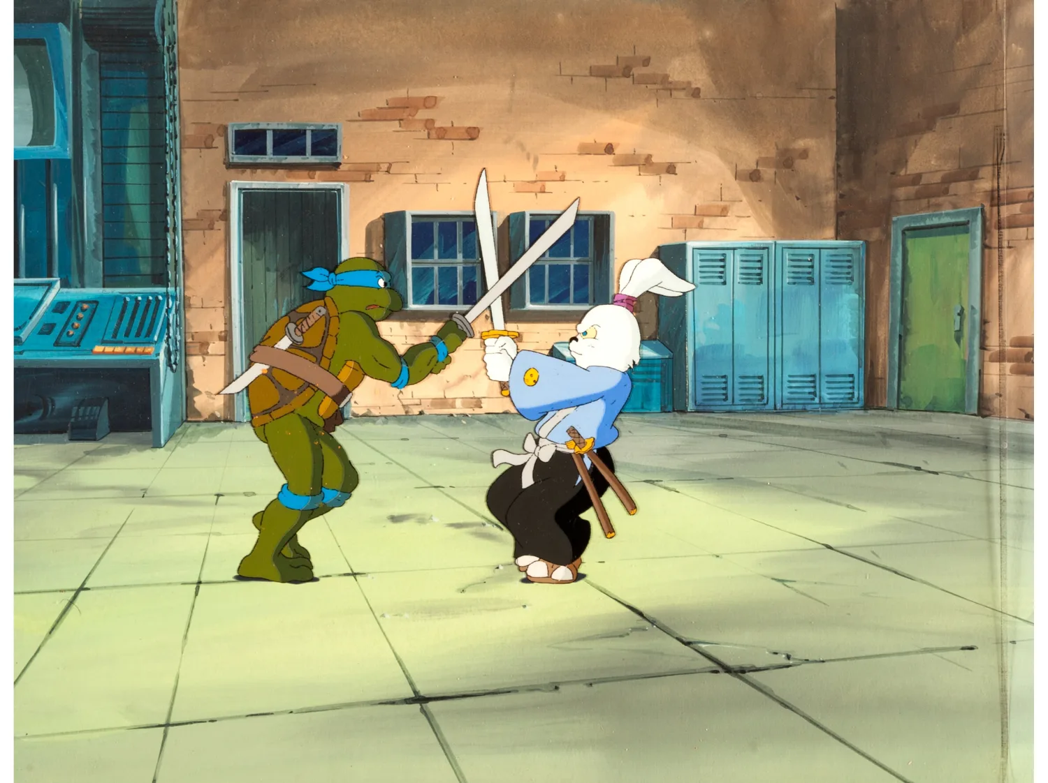 Usagi Yojimbo" Leonardo and Usagi Yojimbo Production Cel with "It Came From Beneath the Sewers" Master Background