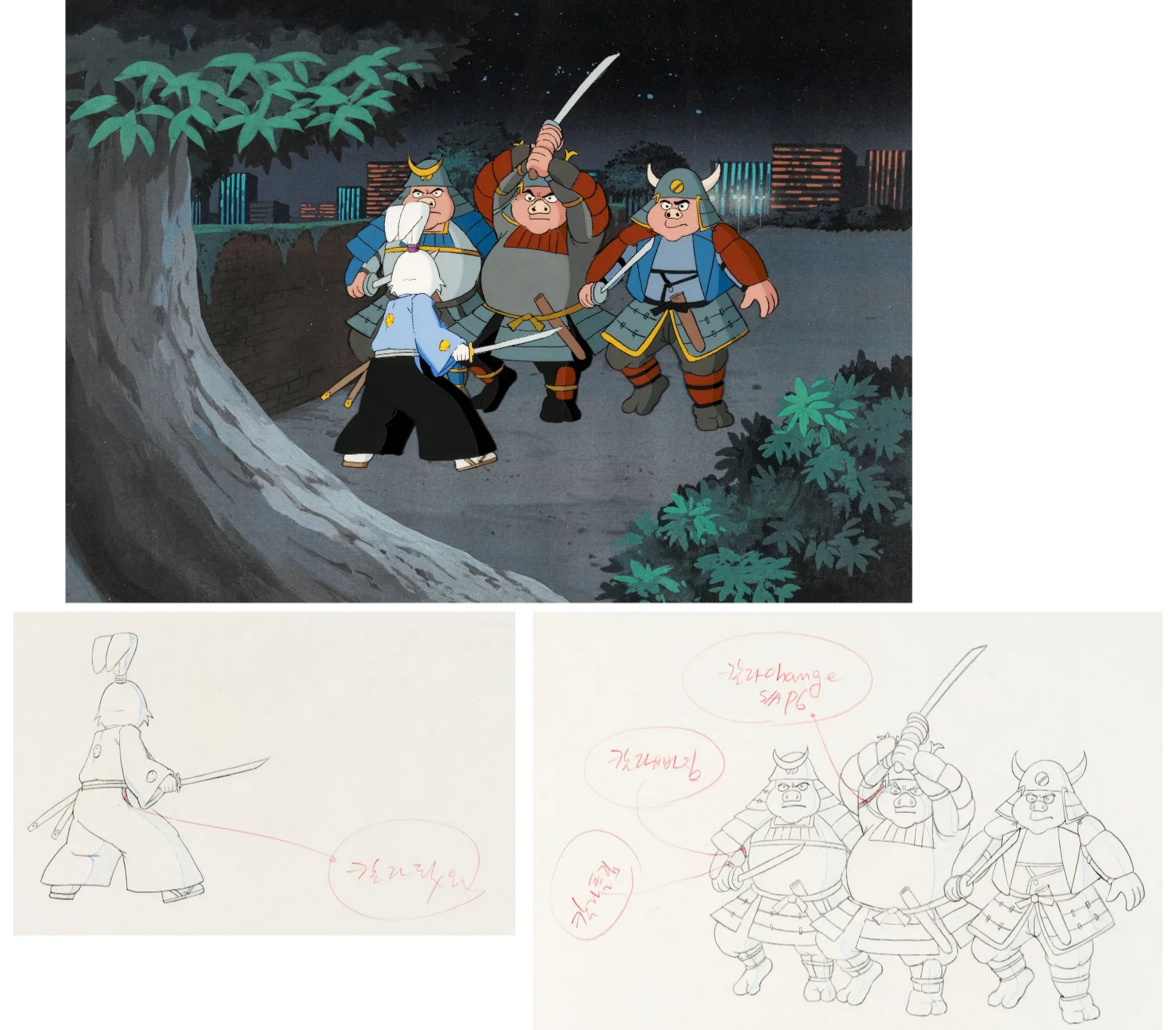 Usagi Yojimbo" Usagi Yojimbo and Samurai Hogs Original Production Cel Setup and Animation Drawings Group of 3