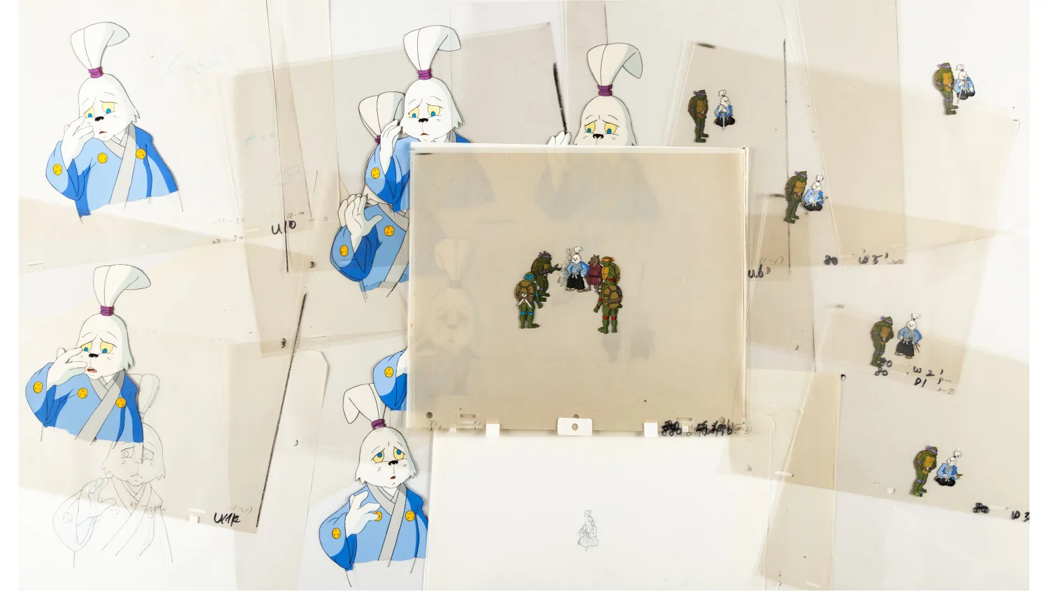Usagi Yojimbo with Leonardo, Michelangelo, Donatello, Raphael, Master Splinter, and Obento Production Cel and Animation Drawing Group of 232