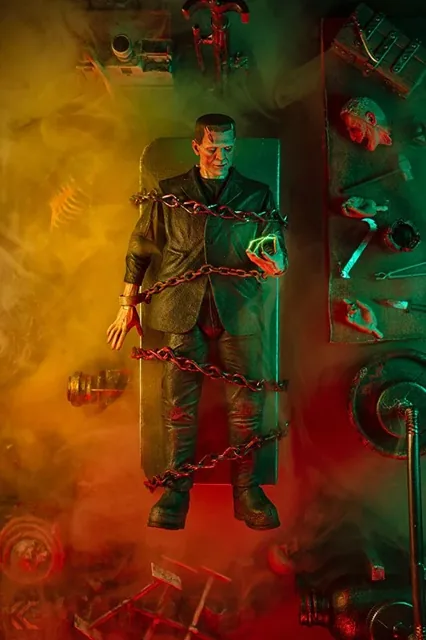 Frankenstein's monster in a laboratory lit green and red