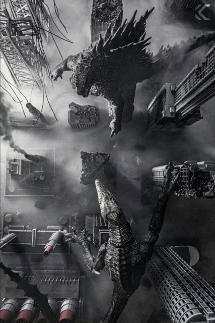 Godzilla and a winged kaiju tearing through a city, in black and white