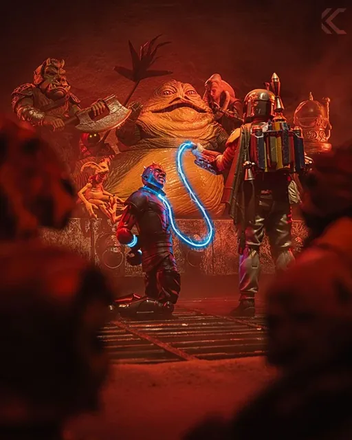 Jabba the Hutt's court lit in deep red with Boba Fett and a glowing blue whip