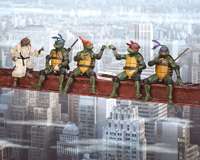 The four Turtles and Splinter eating lunch on a girder above the city