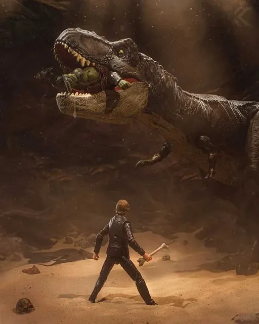 A lone figure with an axe facing a Tyrannosaurus rex in a dust storm