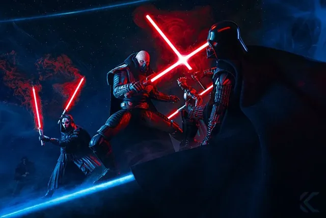 Darth Vader and three red lightsaber Sith closing in on a single blue blade