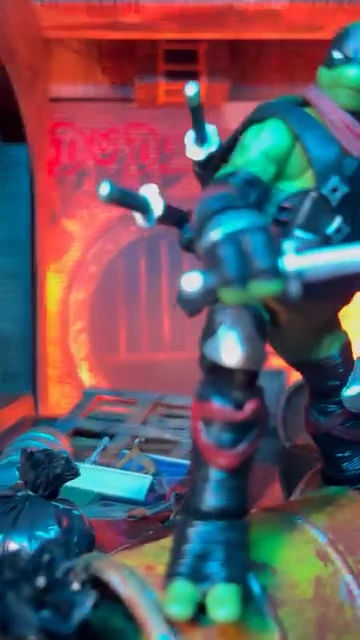 Leonardo placed on the pipe, brick backdrop lit warm behind him.