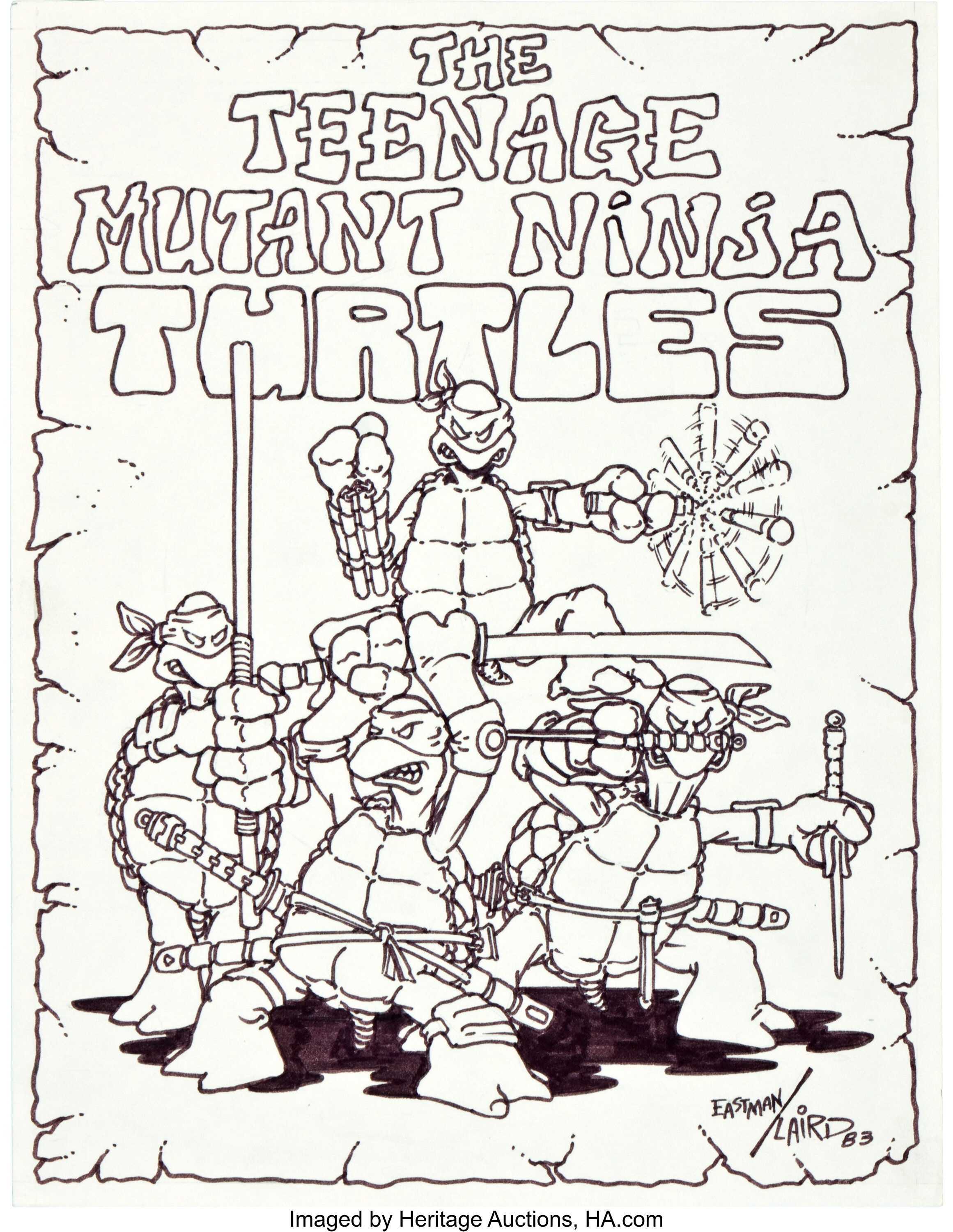 The first-ever drawing of the Teenage Mutant Ninja Turtles, marker on paper, 1983
