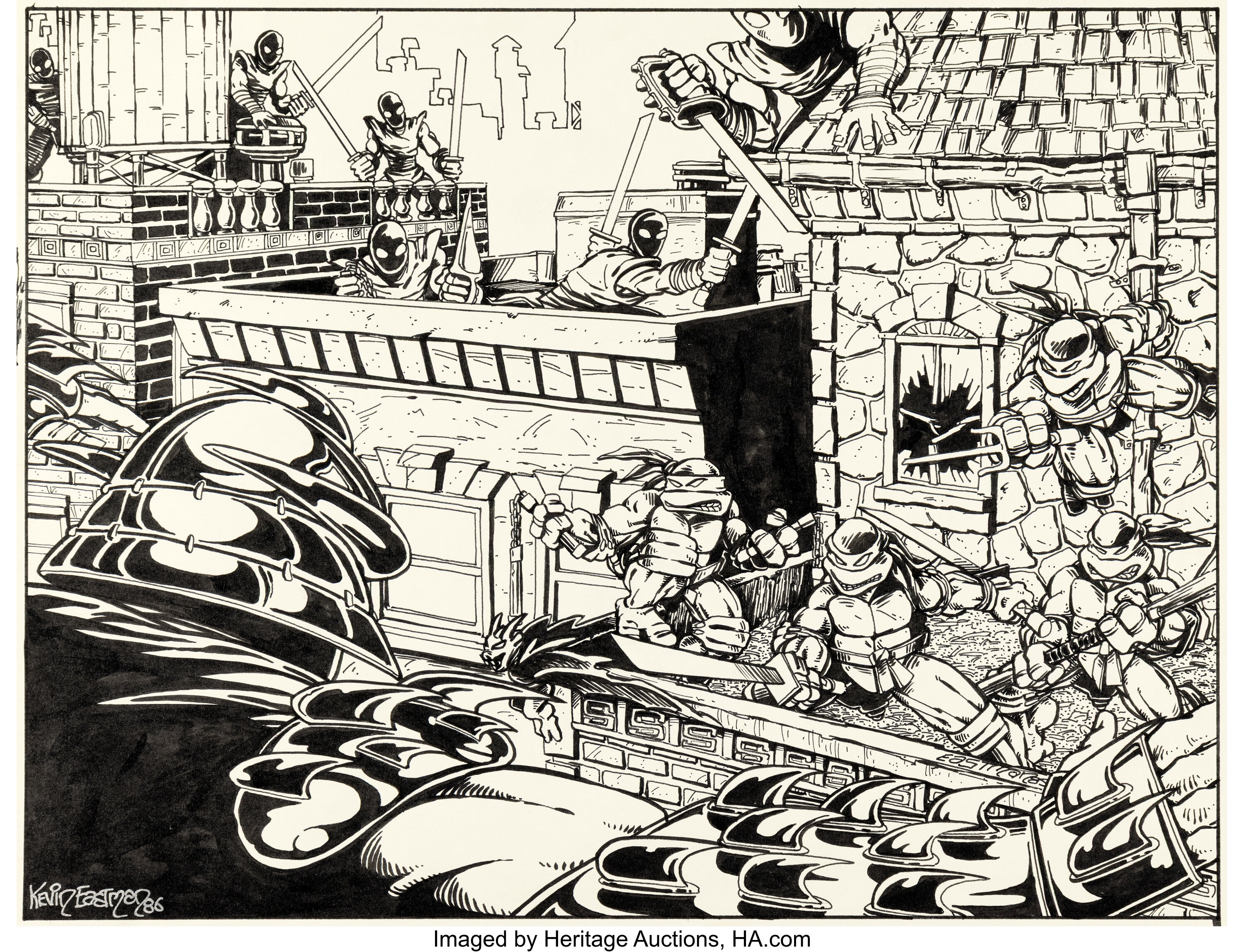 TMNT #1 fourth printing wraparound cover original art by Kevin Eastman, 1985