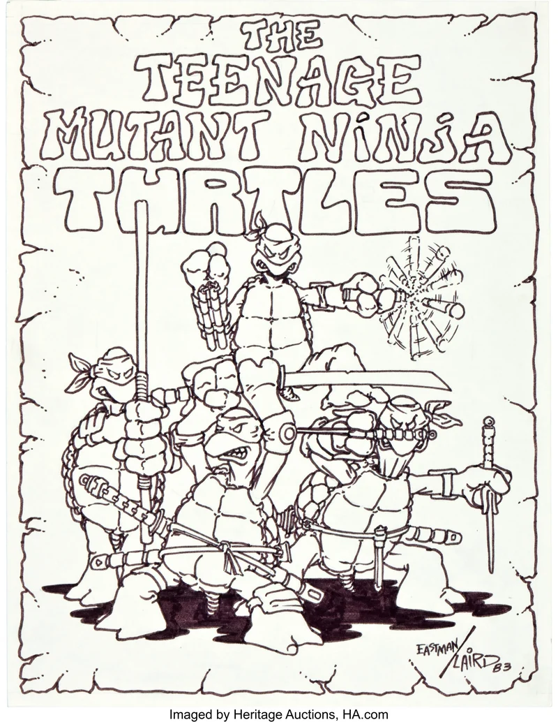 The first-ever drawing of the Teenage Mutant Ninja Turtles, marker on paper, 1983