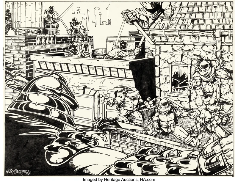 TMNT #1 fourth printing wraparound cover original art by Kevin Eastman, 1985
