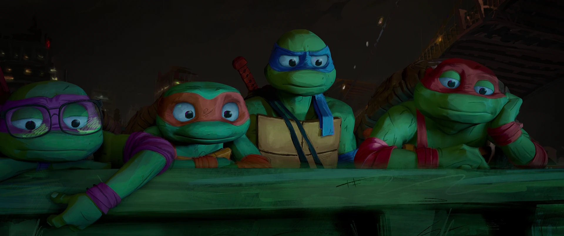 All four Turtles peer wide-eyed over a railing in close-up, colored masks and expressive faces filling the frame.