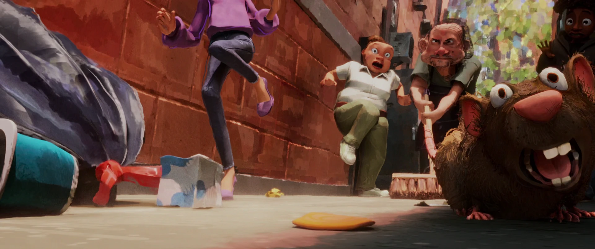 A large brown rat and two frightened humans react in alarm on a city street at night amid scattered debris.