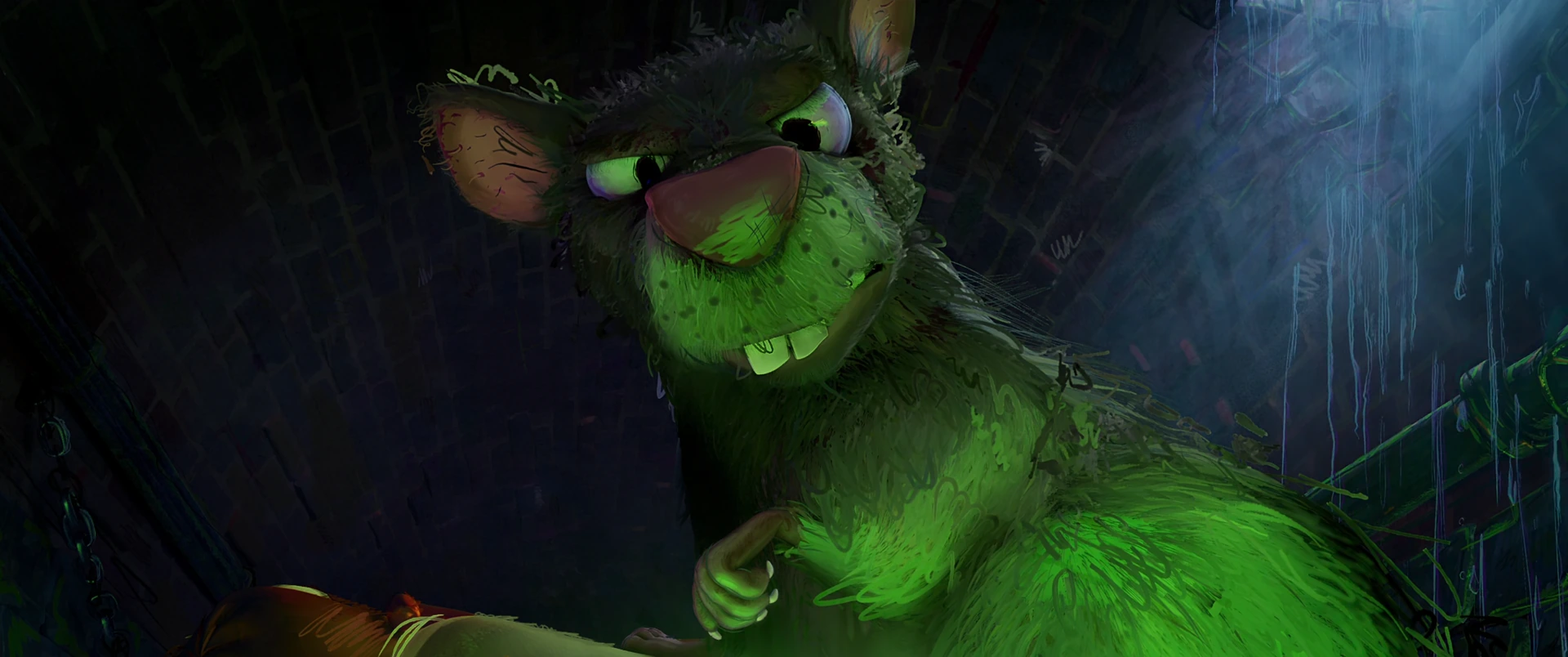 A glowing green rat cradles infant turtles in the rain-soaked sewer, drenched and gazing down at them.