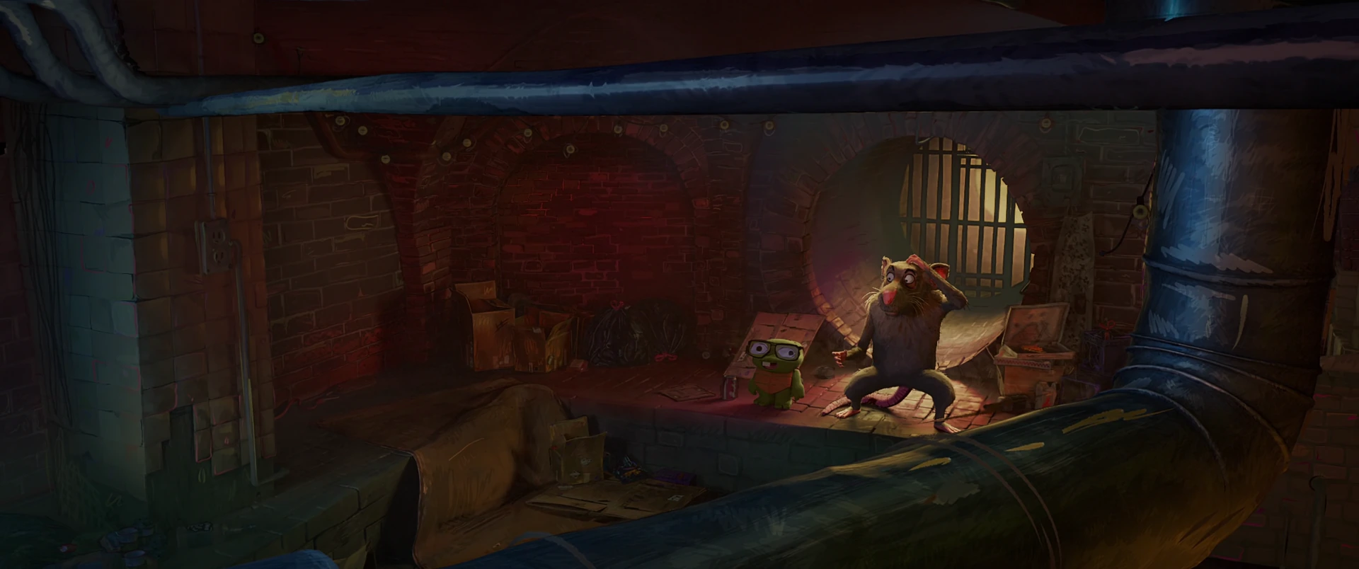 Splinter crouches alone in the dim sewer lair near a large pipe, warm light glowing behind him.