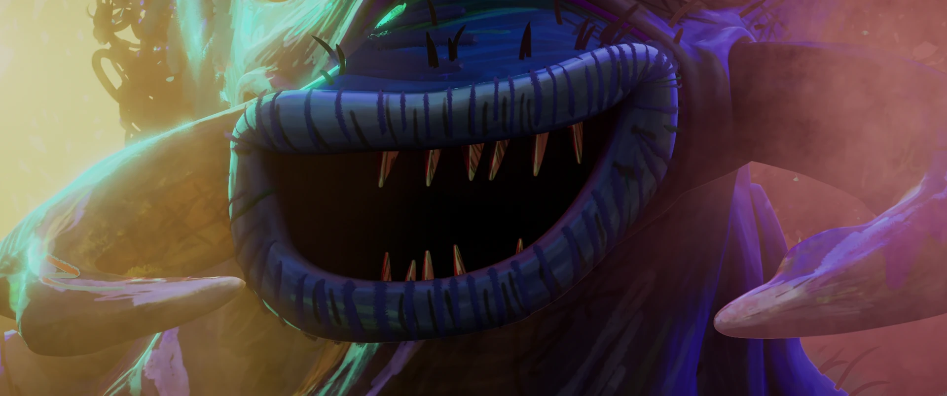 Extreme close-up of a massive fly mutant’s gaping jagged-toothed mouth, lit in sickly green and purple light.