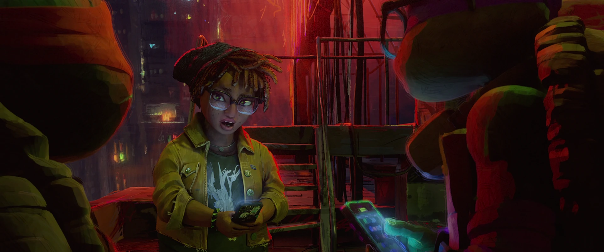 April grins with delight holding her glowing phone, flanked by two Turtles in the red-lit sewer.