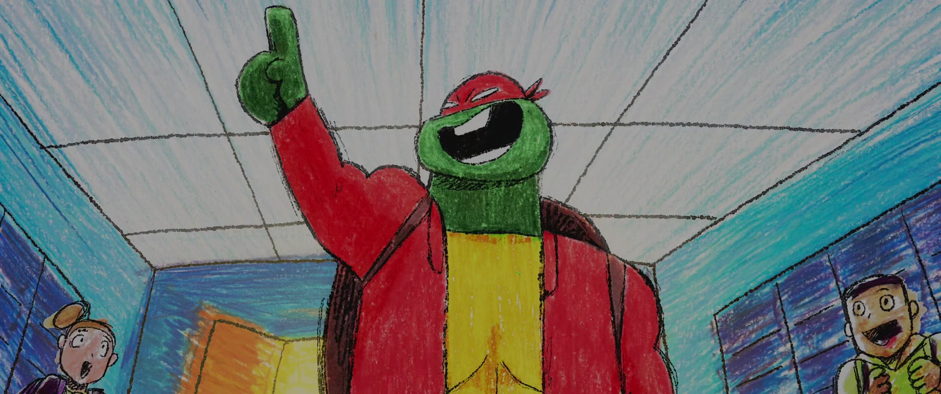 Raphael in a red hoodie raises a finger triumphantly in a brightly lit school hallway, grinning broadly.