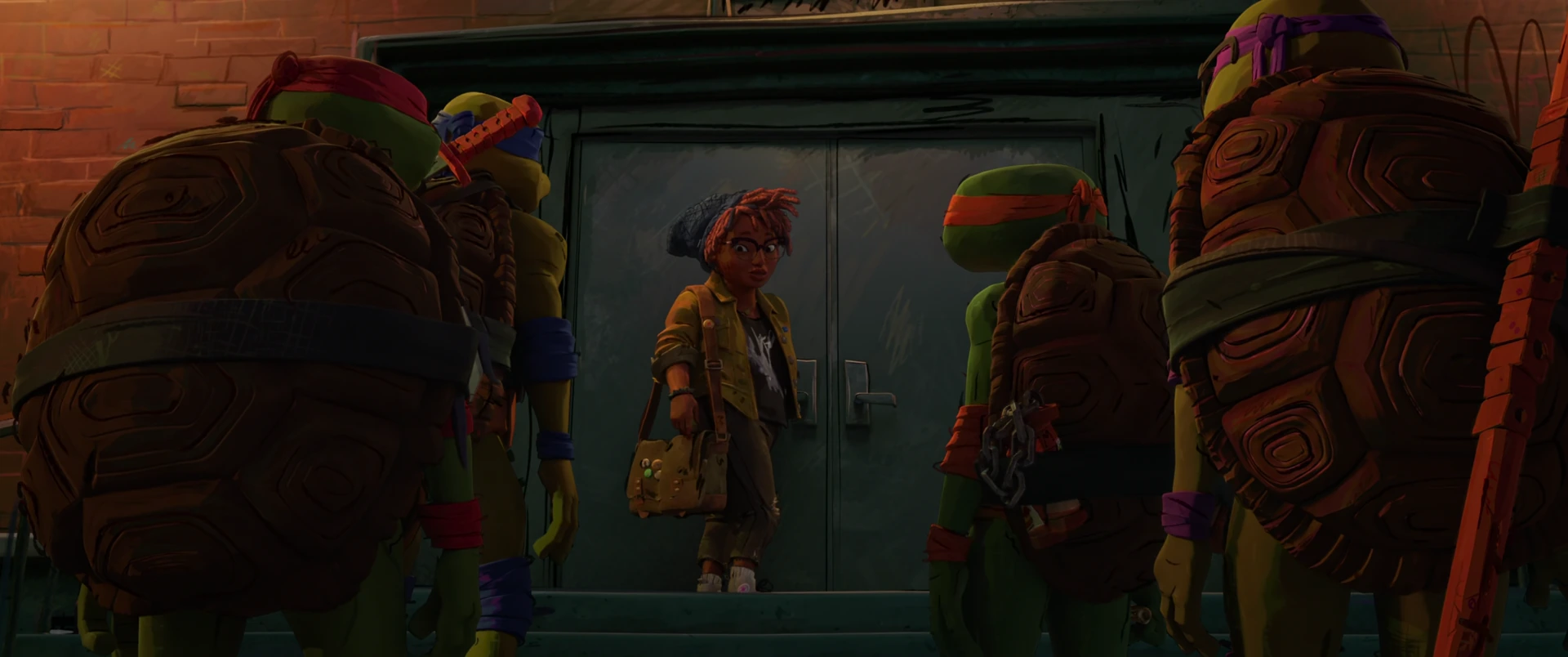 April leads the four Turtles through school double doors, the group framed by the dim hallway beyond.