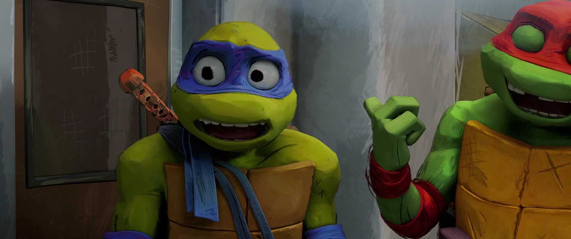 Leonardo grins brightly in close-up while Raphael leans in smirking behind him in the school hallway.