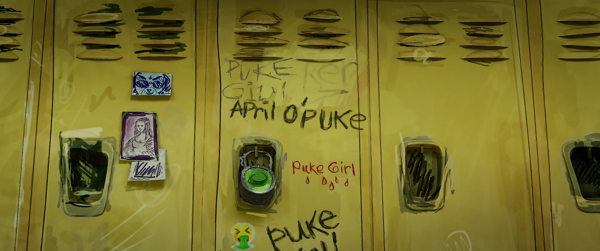 School lockers covered in graffiti spell out APRIL O’PUKE and PUKE GIRL in large handwritten letters.