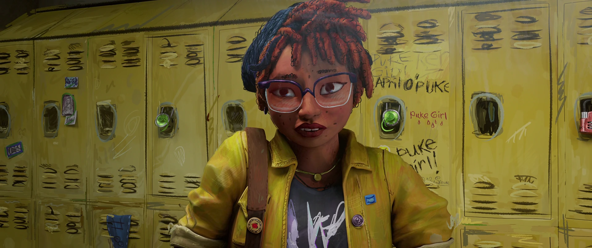 April stands before dented yellow lockers looking skeptical, in her yellow jacket and round glasses.