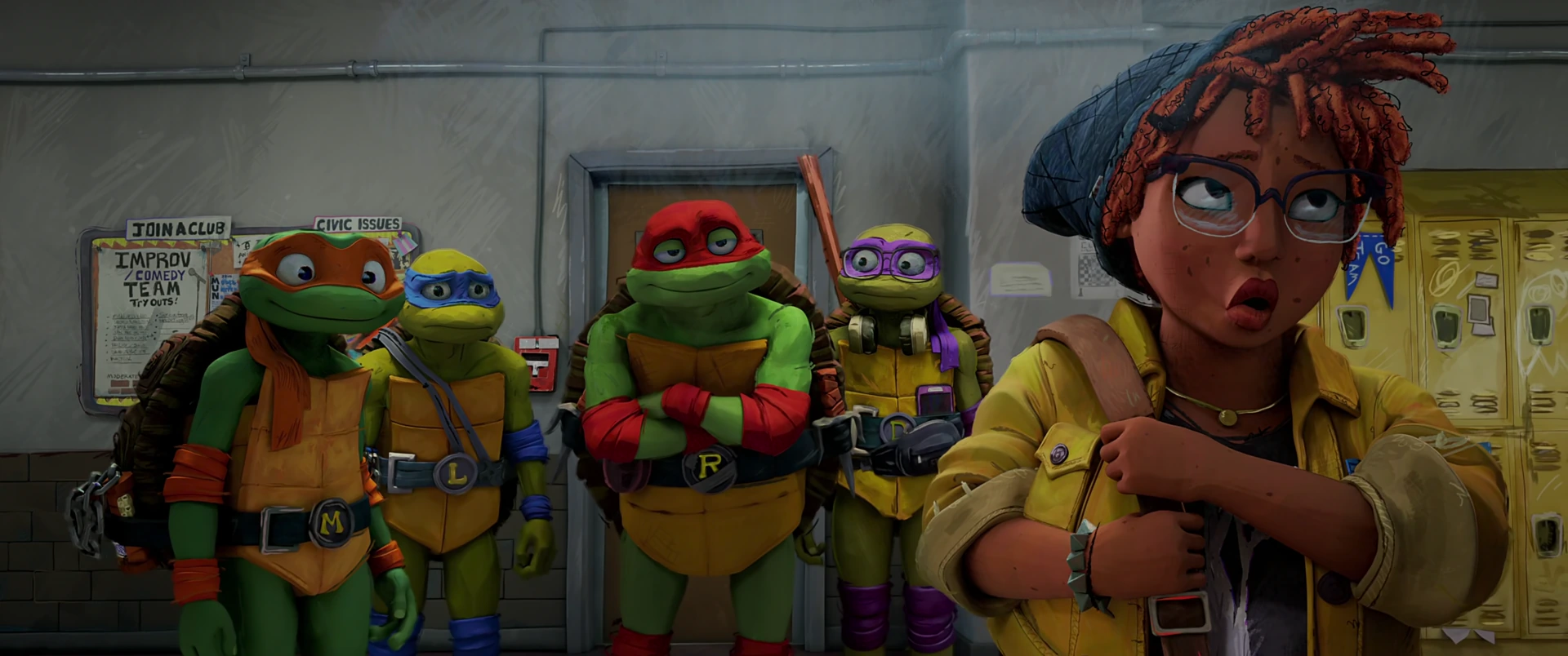 All four Turtles crowd behind April in a school hallway, Raph crossing his arms as April turns in surprise.